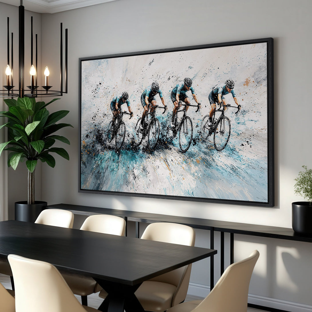 Framed Wall Art: Abstract cycling art in teal, black, and white. Modern, dynamic canvas print perfect for any interior. Elevate your space!