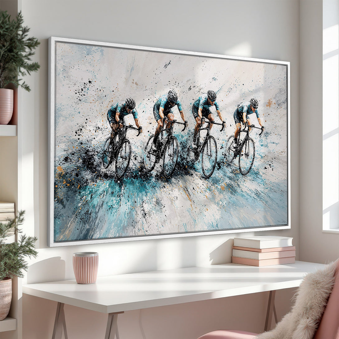 Framed Wall Art: Abstract cycling art in blue, gray, and black. Modern canvas print adds a dynamic touch to any space. Shop now!