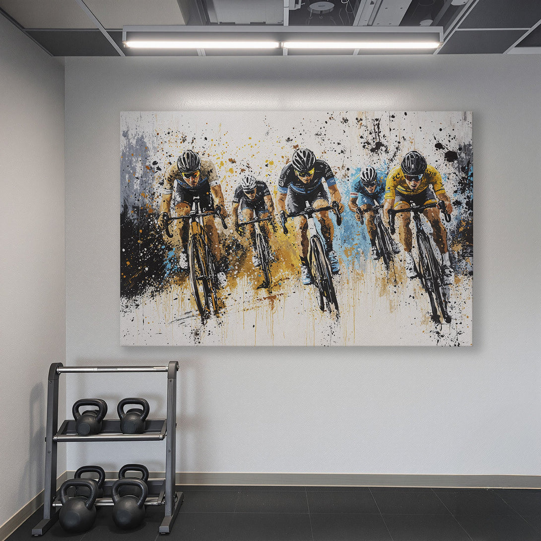 Framed Wall Art: Abstract cycling art in a gym, featuring cyclists in motion. Bold strokes of black, gold, and blue create a dynamic canvas print.
