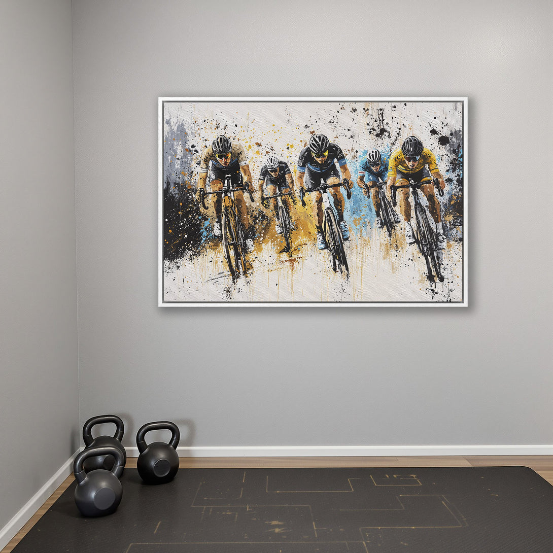 Framed Wall Art: Abstract cycling art in a modern style with a neutral, black, and gold color palette. Perfect for home gyms and sports enthusiasts!