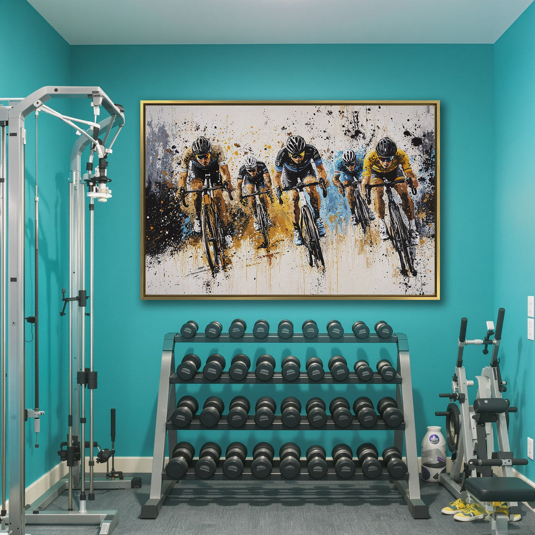 Canvas Print featuring cyclists in action, abstract style with a black, gold, and blue color palette. Perfect wall art for any space.