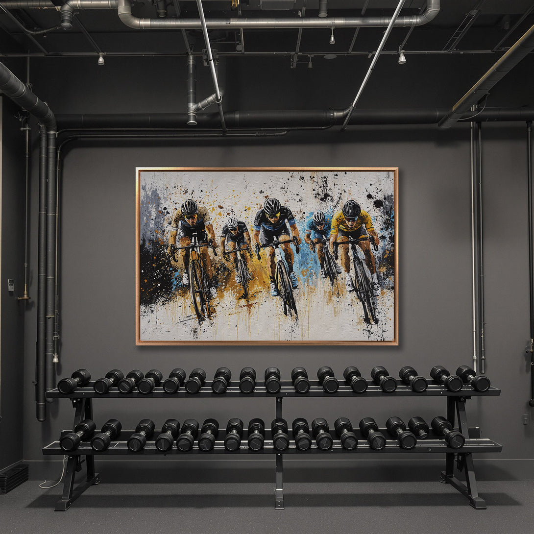 Framed Wall Art: Abstract cycling art in a modern gym. Featuring cyclists in action with a neutral, blue, and yellow color palette. Perfect for fitness enthusiasts.