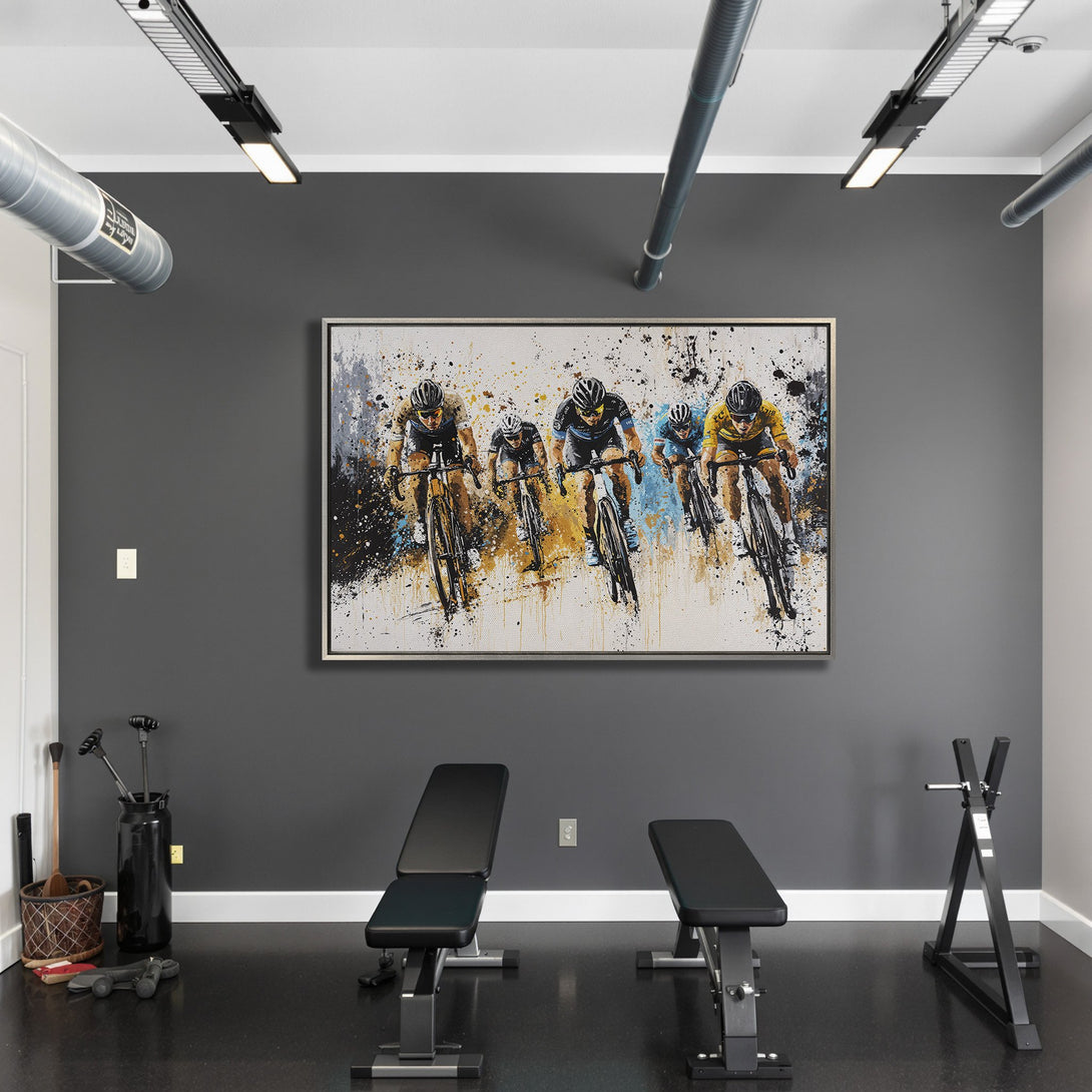 Framed Wall Art: Dynamic cycling art in a modern gym. Abstract style with splashes of blue, yellow, and black. Elevate your space with art!