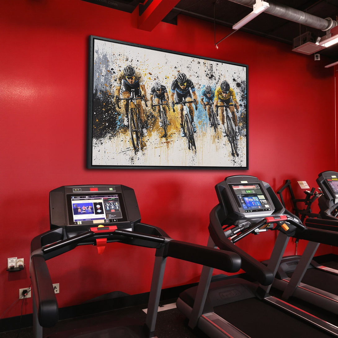 Framed Wall Art: Abstract cycling art in a modern gym setting. Bold color palette featuring red, black, yellow, and blue. Perfect for fitness enthusiasts.