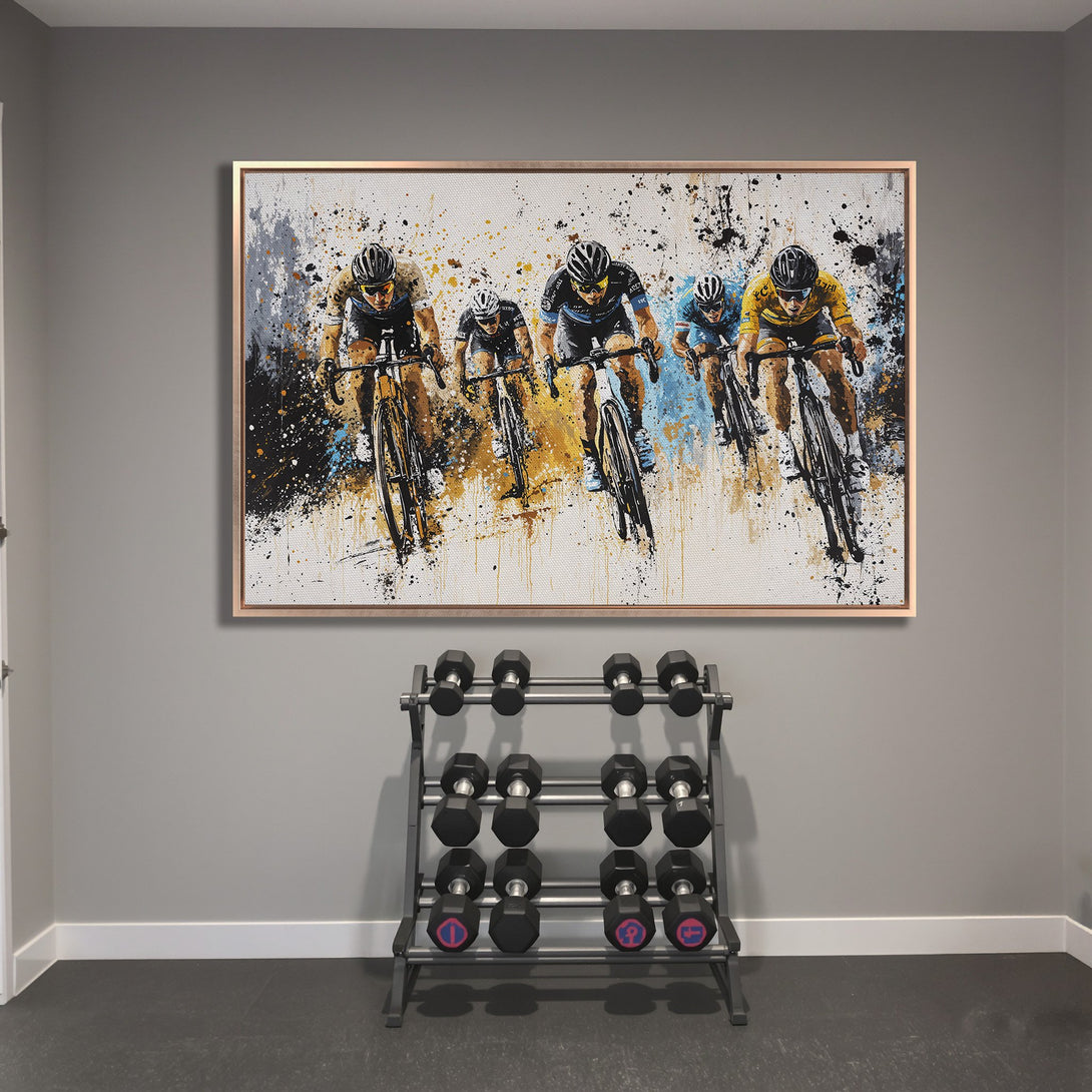 Framed Wall Art: Abstract cycling art print with a dynamic, modern style. Featuring cyclists in a black, gold, and blue color palette. Perfect home decor.