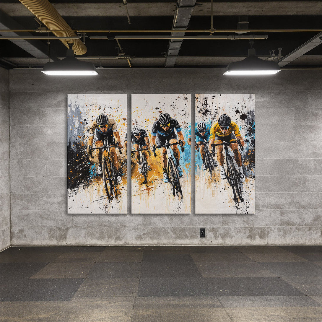 Canvas Print of cycling race art. Abstract style with blue, yellow, and black color palette. Perfect for modern home decor.
