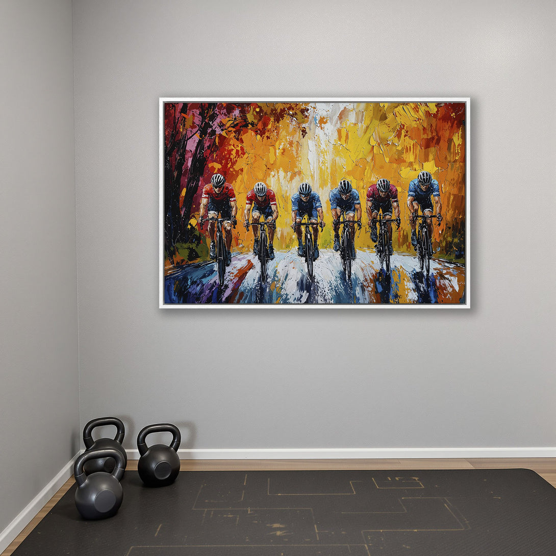 Framed Wall Art featuring cyclists in an impressionistic style, vibrant orange & yellow hues. Elevate your space with this dynamic Canvas Print!