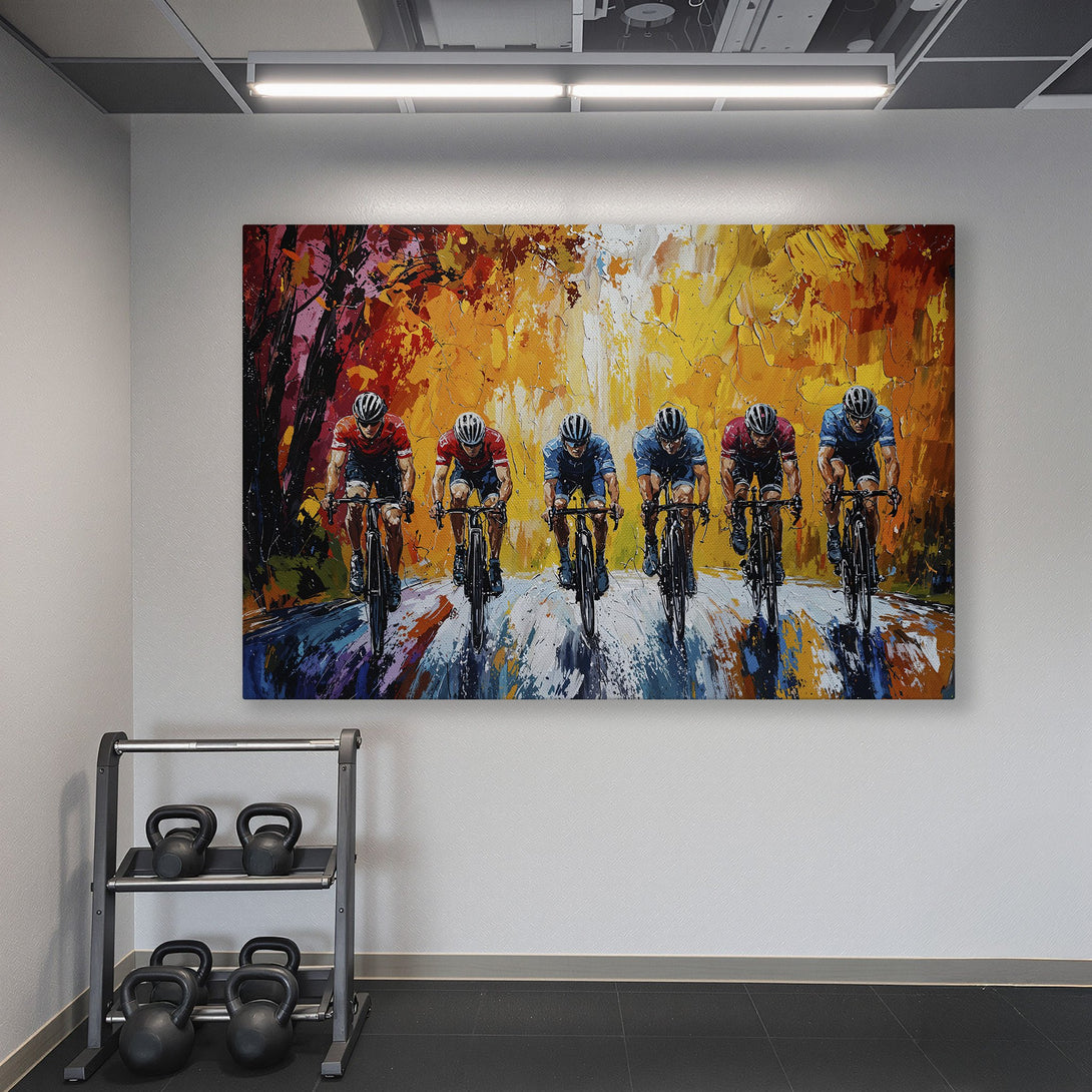 Framed Wall Art: Cyclists in action, vibrant impressionist style. Warm orange, yellow, and red hues pop against a teal wall. Perfect for home gym decor!