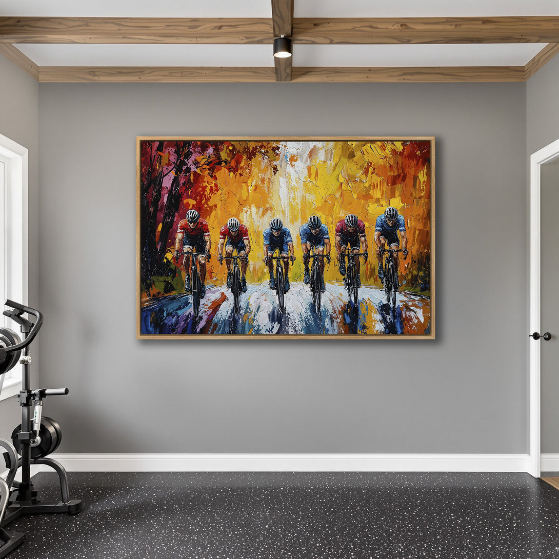 Framed Wall Art: Cyclists racing, impressionist style with vibrant orange, red, and blue hues. Perfect for adding energy to any space.