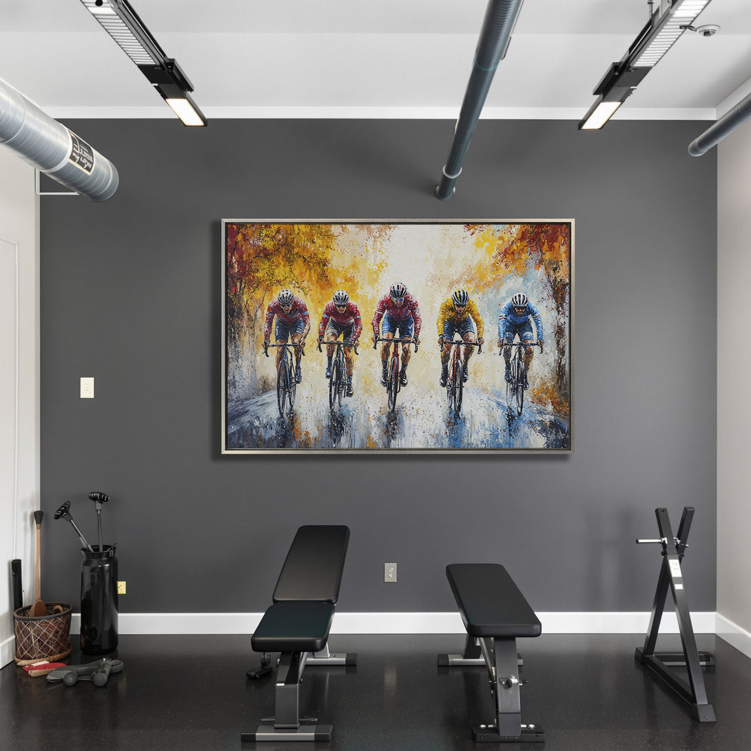 Framed Wall Art: Abstract cycling painting with vibrant colors. Perfect for modern home decor. Canvas Print adds a touch of art to any space.