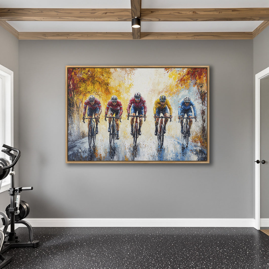 Framed Wall Art: Dynamic cycling scene in vibrant colors. Modern, impressionistic style. Perfect for home or gym decor.