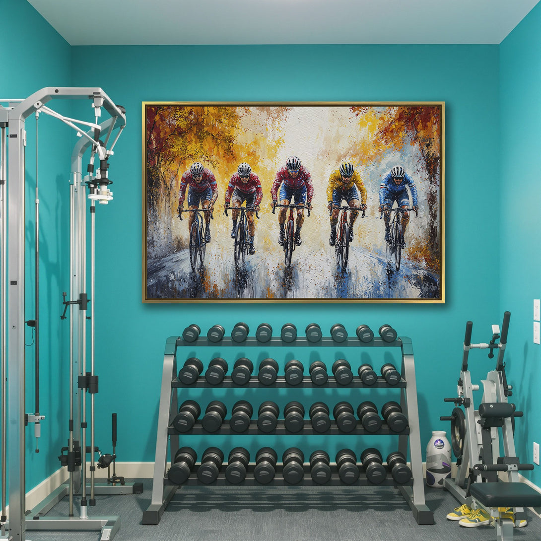 Canvas Print of cyclists racing, impressionistic style with a warm, autumnal color palette. Perfect wall art for any space!