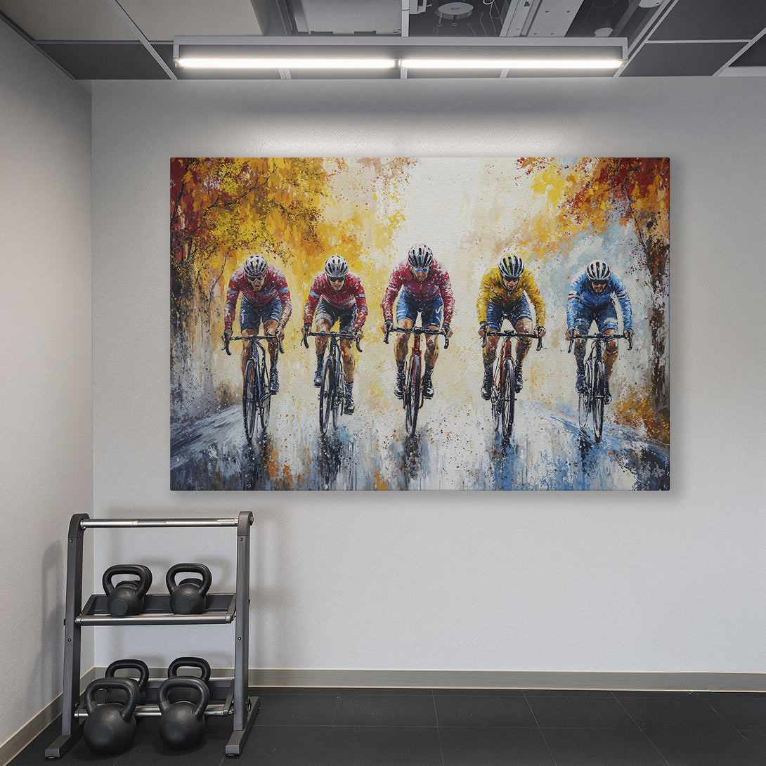 Framed Wall Art: Dynamic cycling scene in warm tones. Perfect for your gym or home. Add energy with this vibrant, abstract Canvas Print!