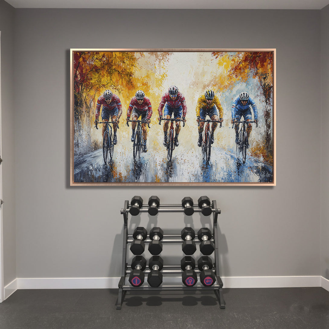 Framed Wall Art: Cyclists racing, impressionist style, warm autumn color palette. Perfect for home gym decor.
