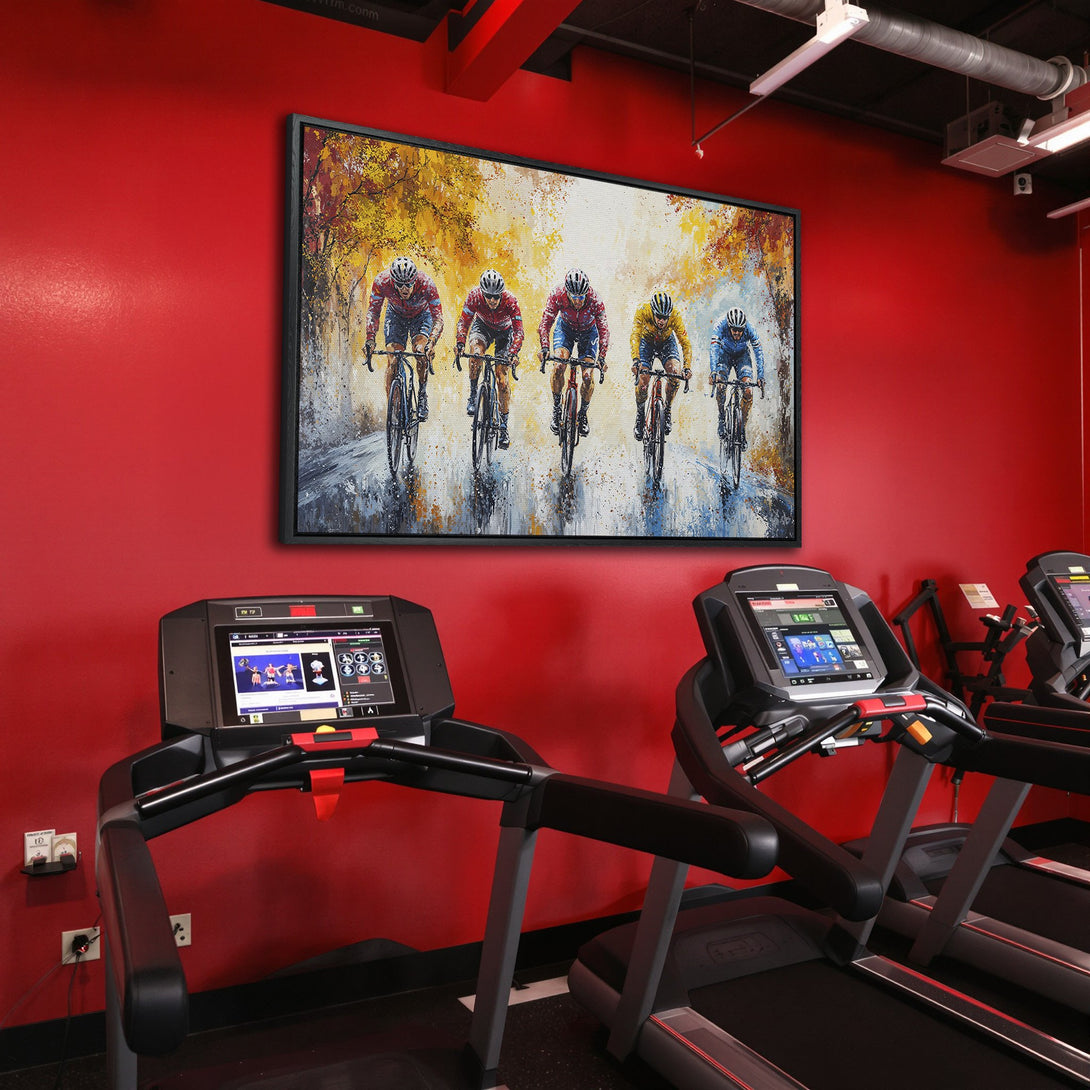 Framed Wall Art featuring cyclists in vibrant colors. Perfect for gym decor! Adds a pop of art to any space.