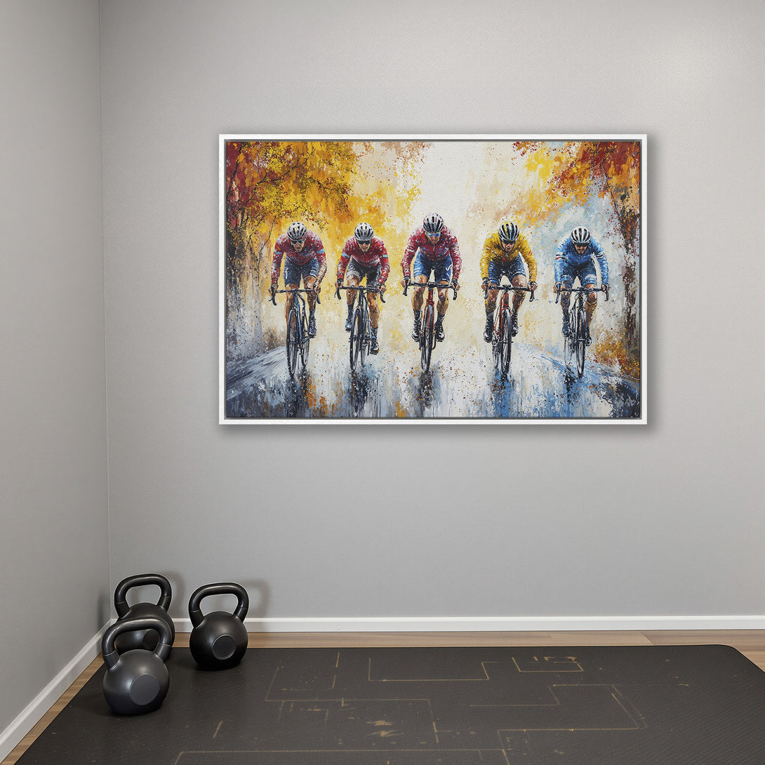 Framed Wall Art: Cyclists racing, impressionistic style with vibrant autumn colors. Perfect for home or gym decor. Canvas Print available.