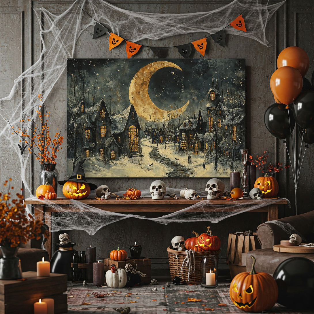 Framed Wall Art: Spooky Halloween town scene with a crescent moon. Dark blue, gold, and orange color palette. Perfect for fall decor!