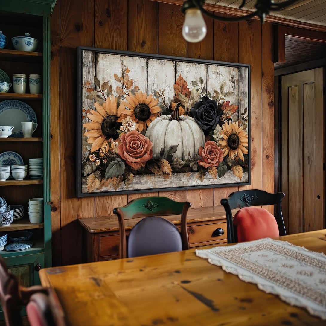 Framed Wall Art featuring a rustic floral arrangement with sunflowers, pumpkins, and roses in warm autumn tones. Perfect for farmhouse decor!