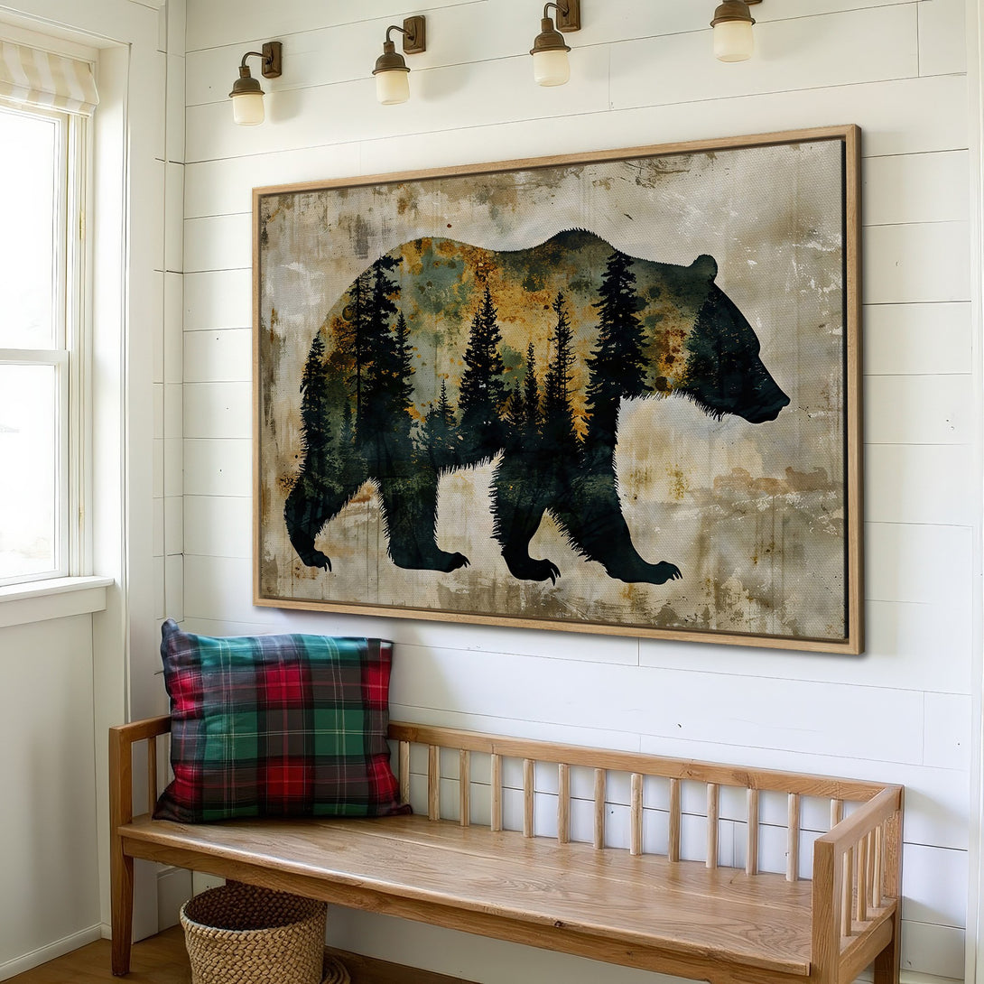 Framed Wall Art: Rustic bear silhouette canvas print in a neutral color palette. Perfect for cabin decor or a cozy living space.