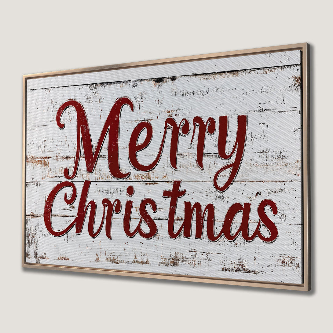 Framed Wall Art: "Merry Christmas" sign with rustic, farmhouse style. Red lettering on a white wood background. Perfect holiday decor!