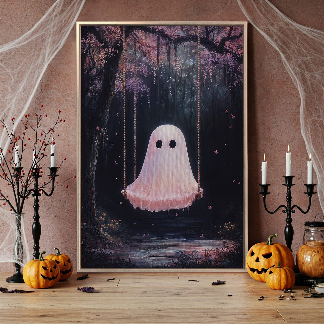 Framed Wall Art: Whimsical ghost on a swing in a dreamy forest scene. Pastel pinks & dark blues create a spooky yet enchanting Halloween vibe. Perfect wall decor!