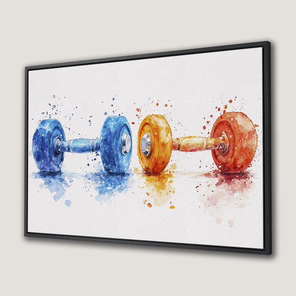 Framed Wall Art: Watercolor dumbbells in blue, orange, and red. Modern fitness decor for your home gym. Canvas Print.