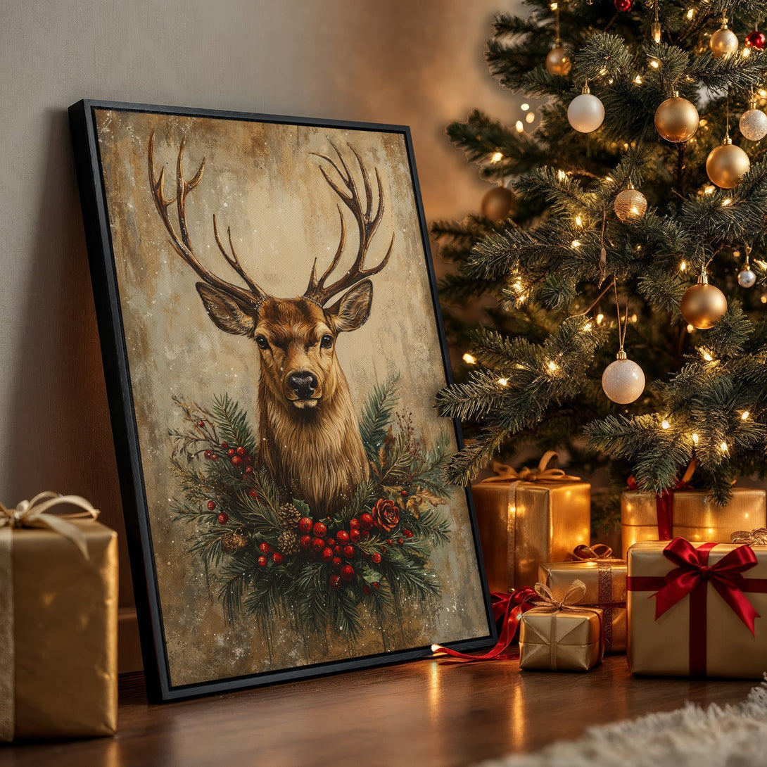 Framed Wall Art featuring a majestic deer portrait in warm, rustic tones. Perfect for holiday decor! Earthy palette with pops of red and green.