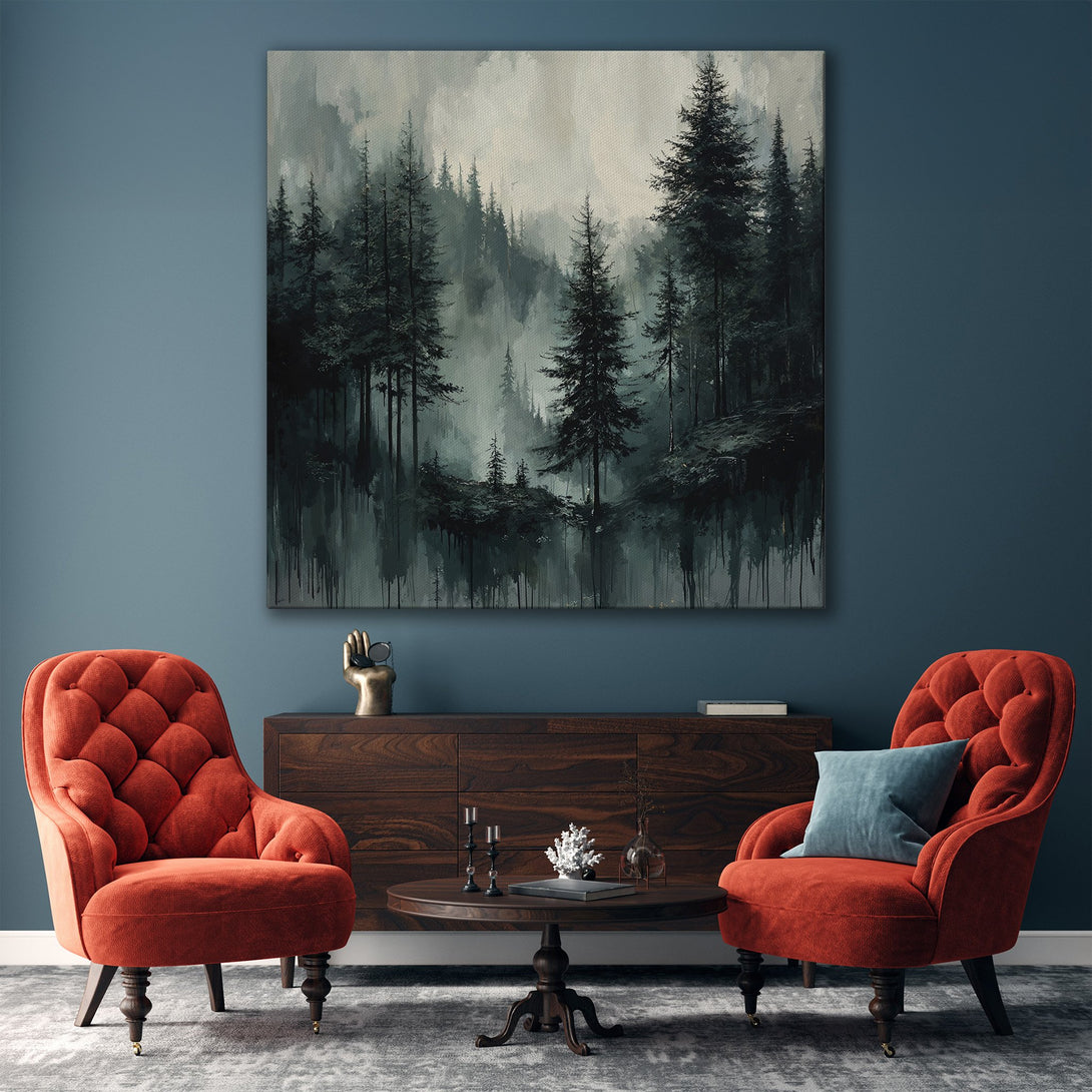 Framed Wall Art: Serene forest scene in moody, muted tones. Modern canvas print adds a touch of nature to any interior with its calming, grayscale palette.