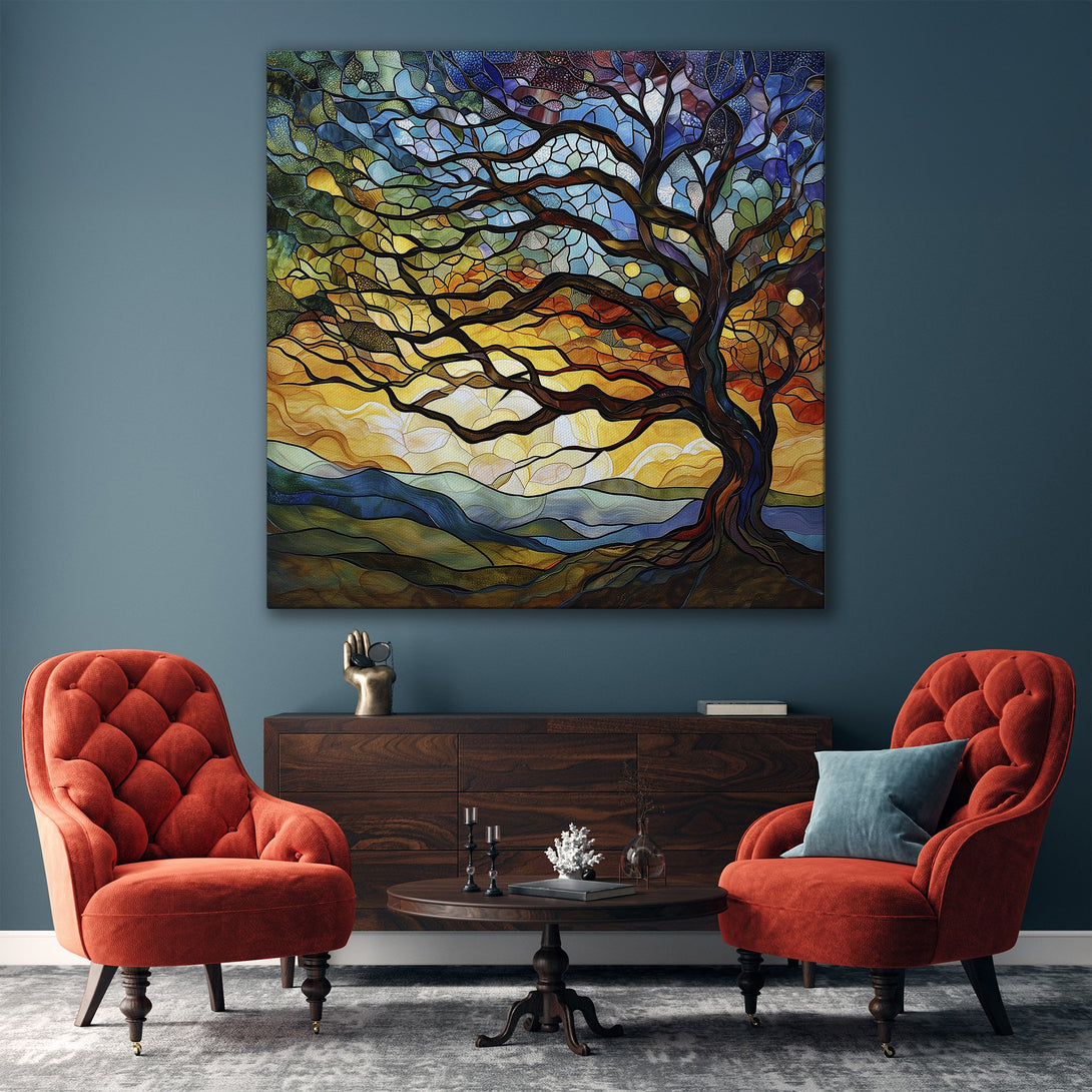 Framed Wall Art featuring a vibrant stained-glass style tree with a warm, colorful palette. Perfect for adding artistic flair to your living room!