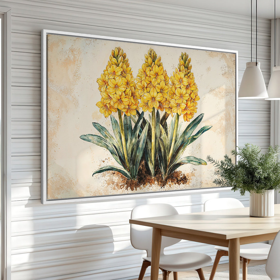 Framed Wall Art featuring vibrant yellow floral watercolor painting. Botanical art with warm beige and green tones, perfect for adding a touch of nature to your space.