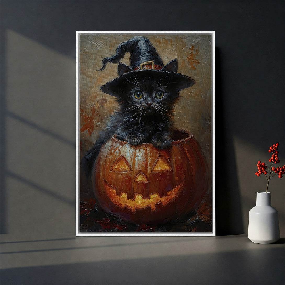 Framed Wall Art: Adorable black cat in witch hat inside a jack-o'-lantern. Warm, autumnal color palette. Perfect Halloween decor for your home!