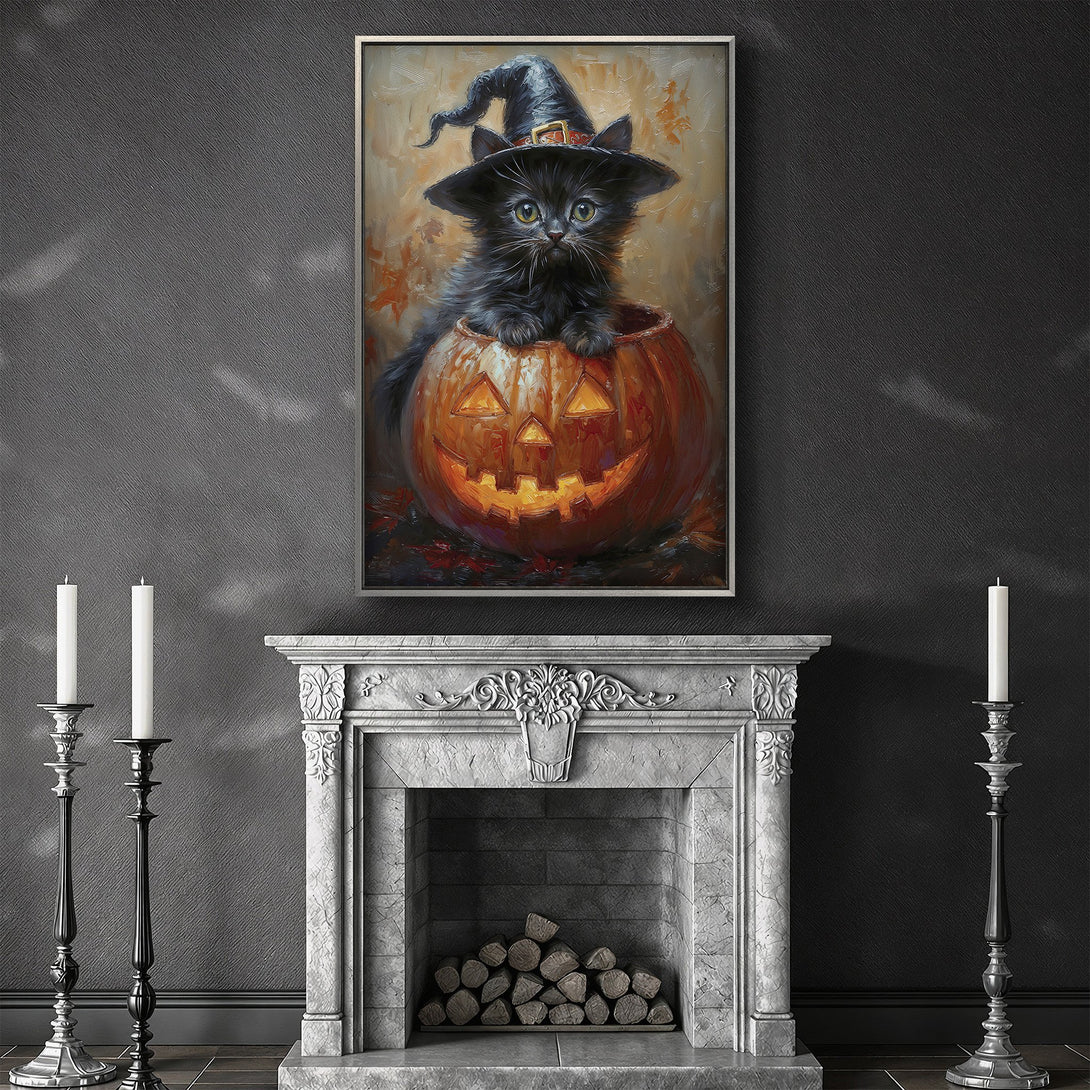 Framed Wall Art: Adorable black cat in a witch hat inside a pumpkin. Warm, autumnal color palette. Perfect Halloween decor for your home!