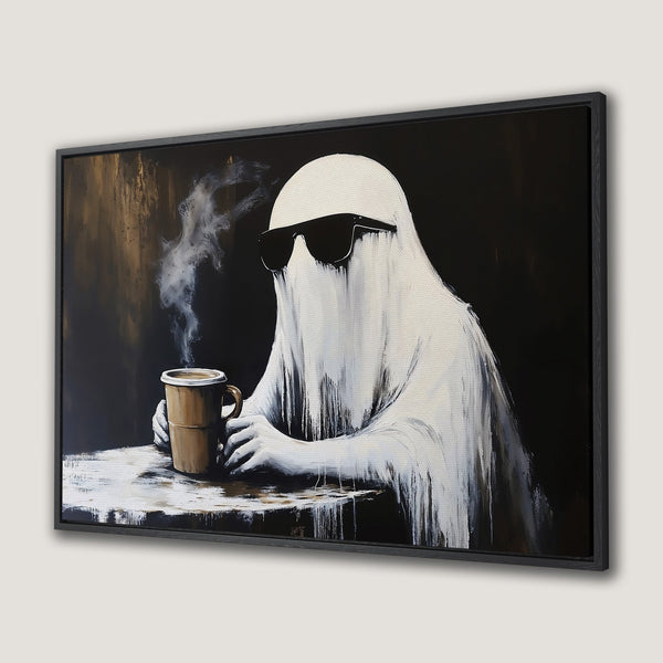 Framed Wall Art: "Ghost Coffee" abstract art print. Black, white, and gold color palette. Modern, edgy style for your home decor.