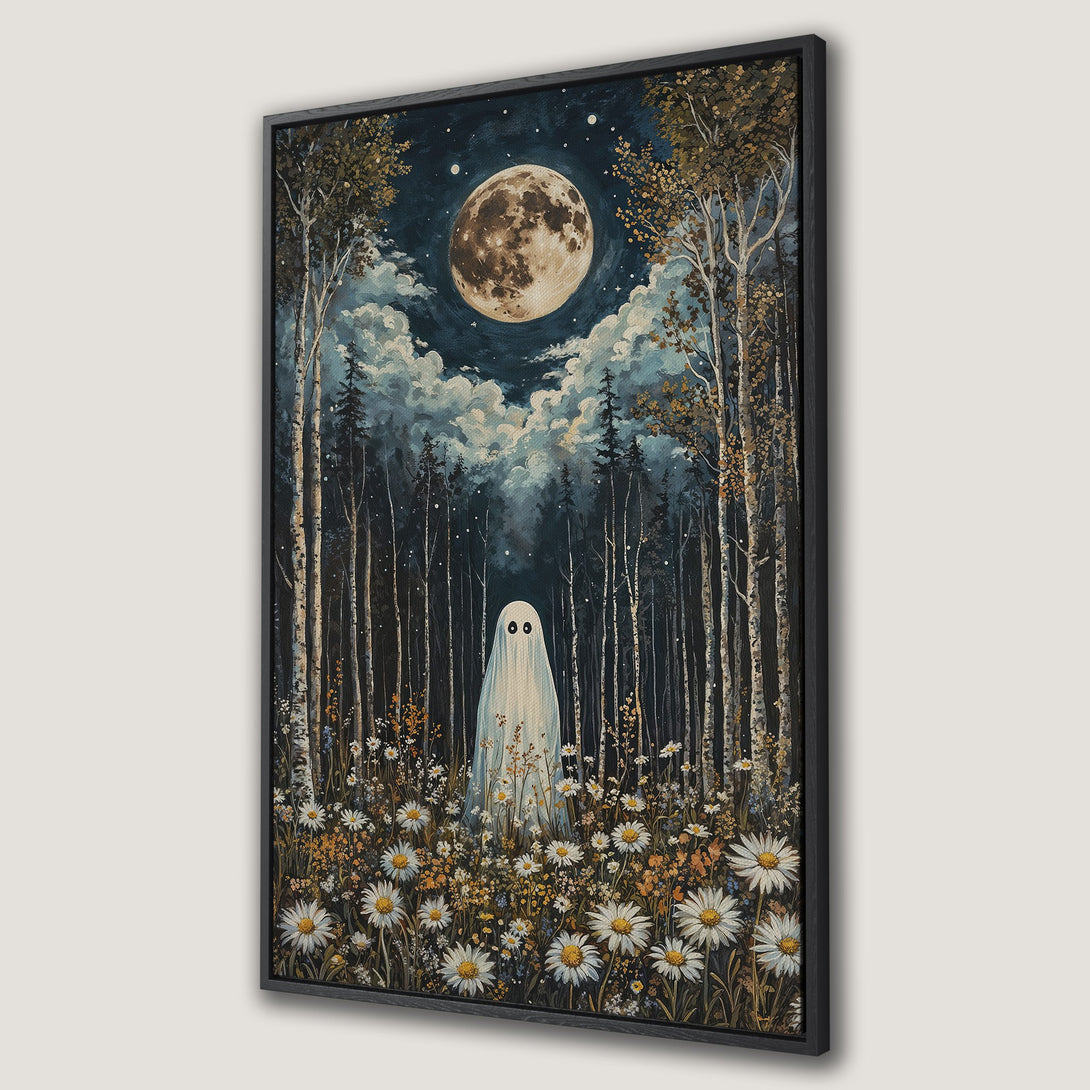 Framed Wall Art featuring a whimsical ghost in a moonlit forest. Moody, painterly style with a dark blue, brown, and white color palette. Perfect for adding a touch of magic!
