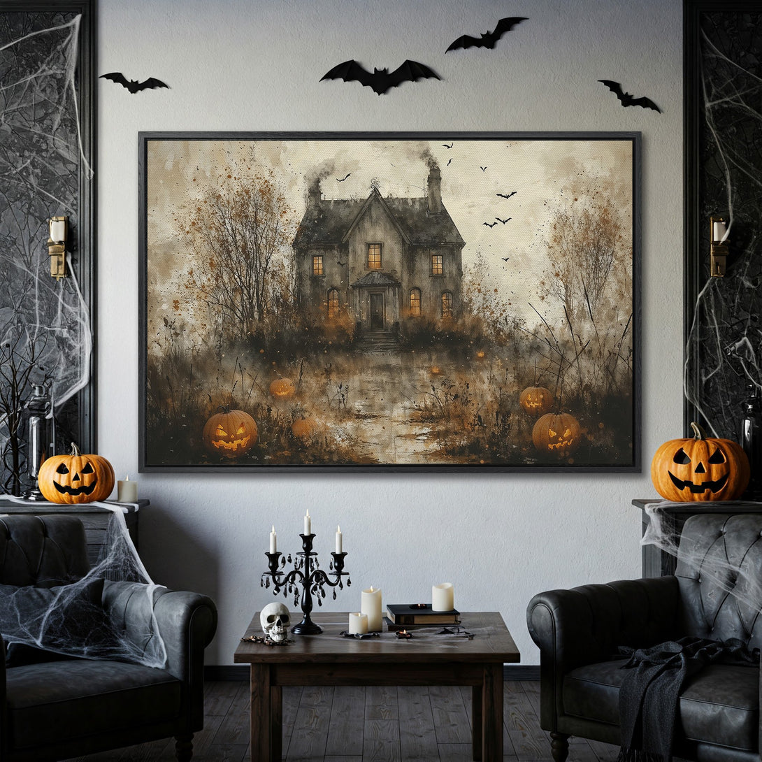 Framed Wall Art: Spooky haunted house canvas print in muted brown and orange tones, perfect for Halloween decor.
