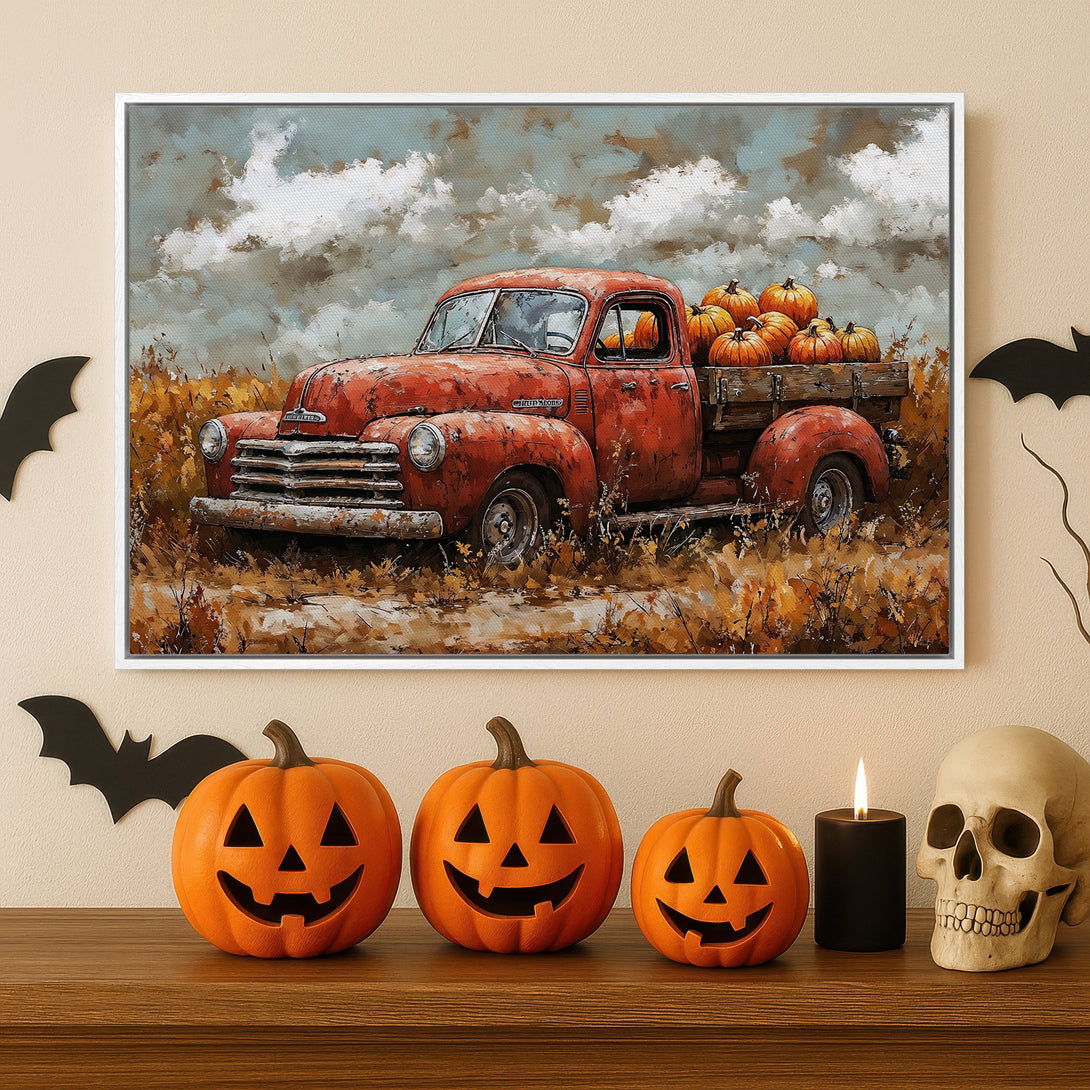 Framed Wall Art: Vintage red truck with pumpkins in a fall landscape. Rustic style, warm orange, brown, and blue color palette. Perfect for autumn decor.