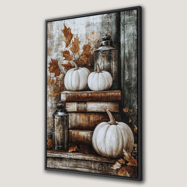 Framed Wall Art featuring a rustic autumn still life with pumpkins, leaves, and books. Warm, neutral color palette perfect for fall decor.