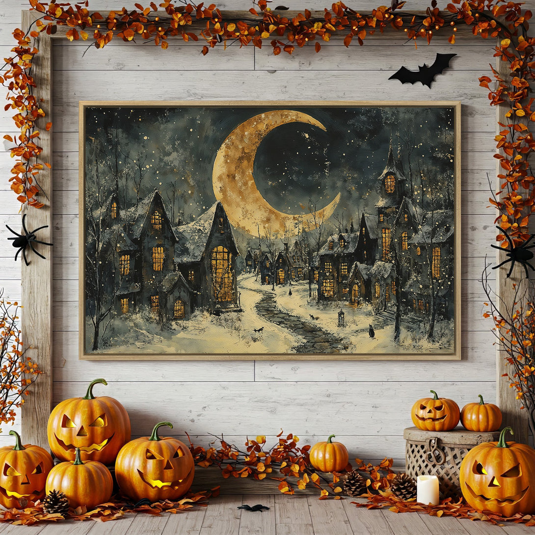 Framed Wall Art: Spooky Halloween scene with a crescent moon, houses, and a cool blue and gold color palette. Perfect autumn decor!