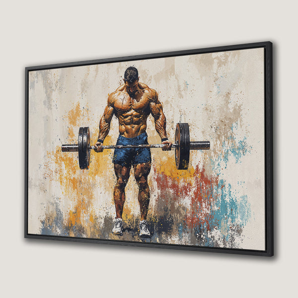 Framed Wall Art: Muscular man lifting weights, abstract art style with warm, earthy tones and splashes of blue. Perfect gym decor!