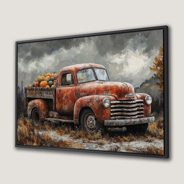 Canvas Print of a vintage red truck filled with pumpkins. Rustic style, warm orange & brown color palette, perfect fall decor.