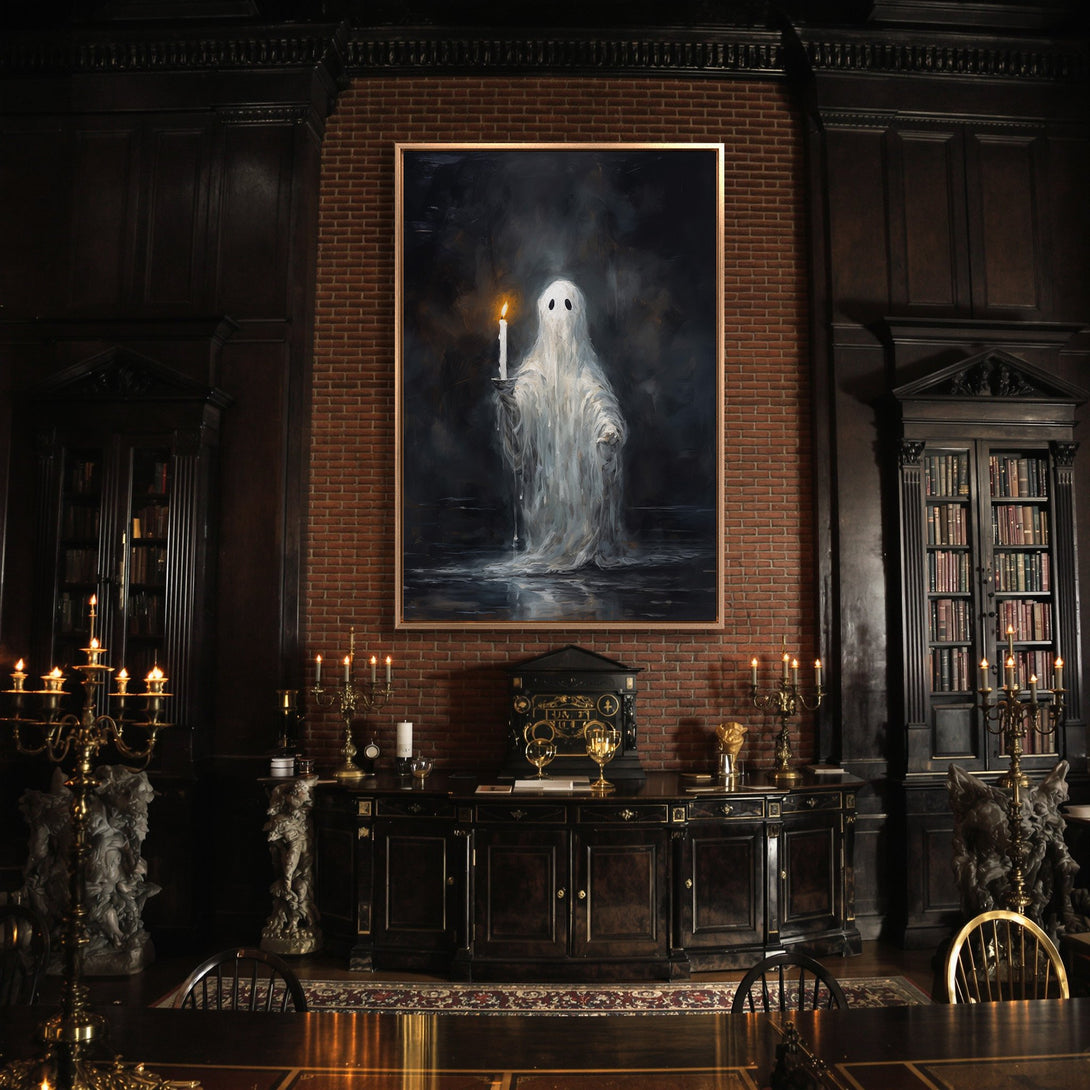 Framed Wall Art featuring a ghostly figure with a candle, displayed in a dark, gothic interior. Moody, painterly style with a dark, cool color palette.