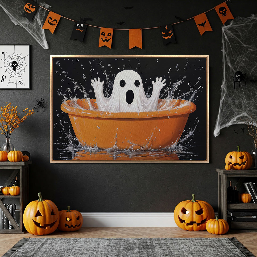 Framed Wall Art: Whimsical ghost in a bathtub Halloween scene. Black, orange, and white color palette. Perfect spooky decor for fall.