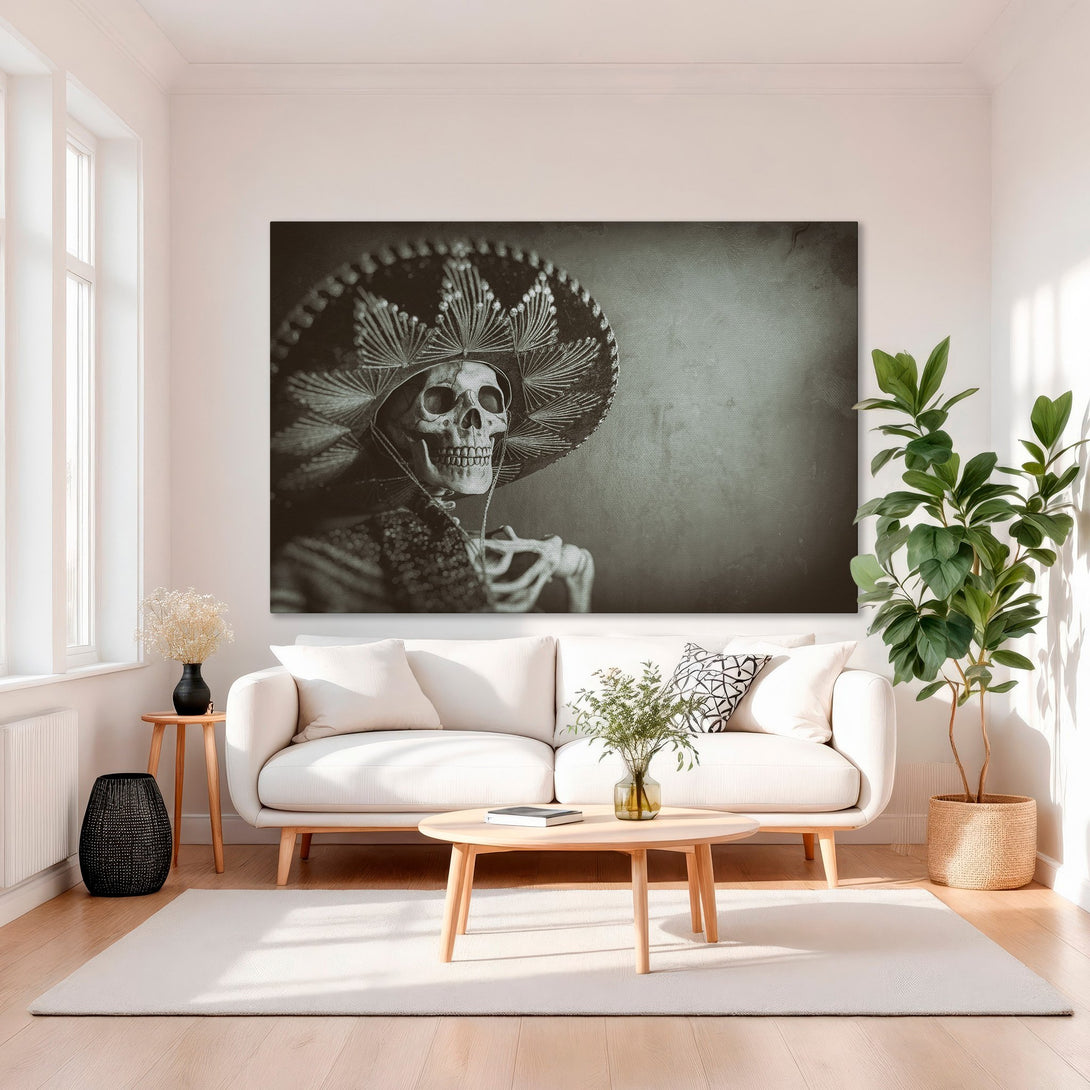 Framed Wall Art: Dramatic skull in sombrero print. Sepia tones create a vintage look. Perfect for adding unique style to your living room.