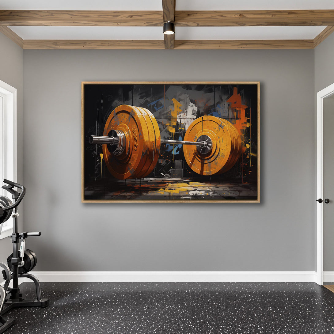Framed Wall Art: Abstract barbell painting in a gym setting. Bold orange and gray color palette. Modern fitness decor for your home gym.