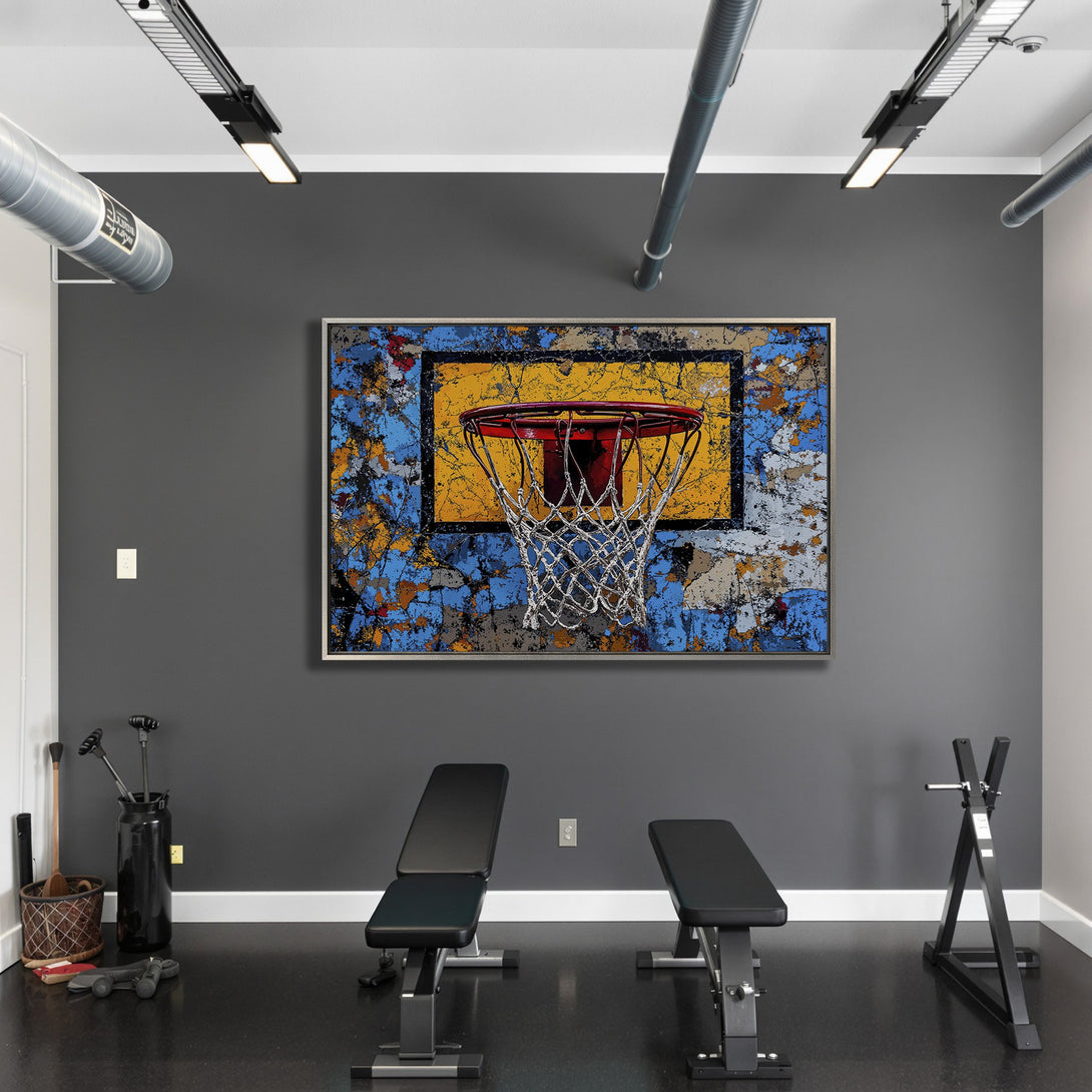 Framed Wall Art: Abstract basketball hoop print in a modern gym. Blue, yellow, and orange palette. Elevate your space with unique art!
