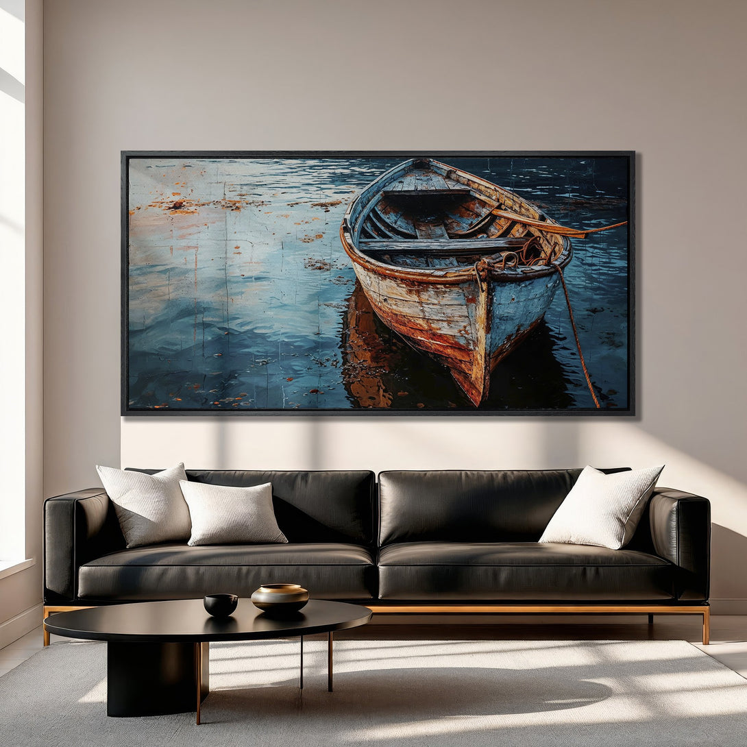 Framed Wall Art: Coastal boat scene in blue and orange tones. Canvas print adds a touch of serenity to any living room. Shop now!