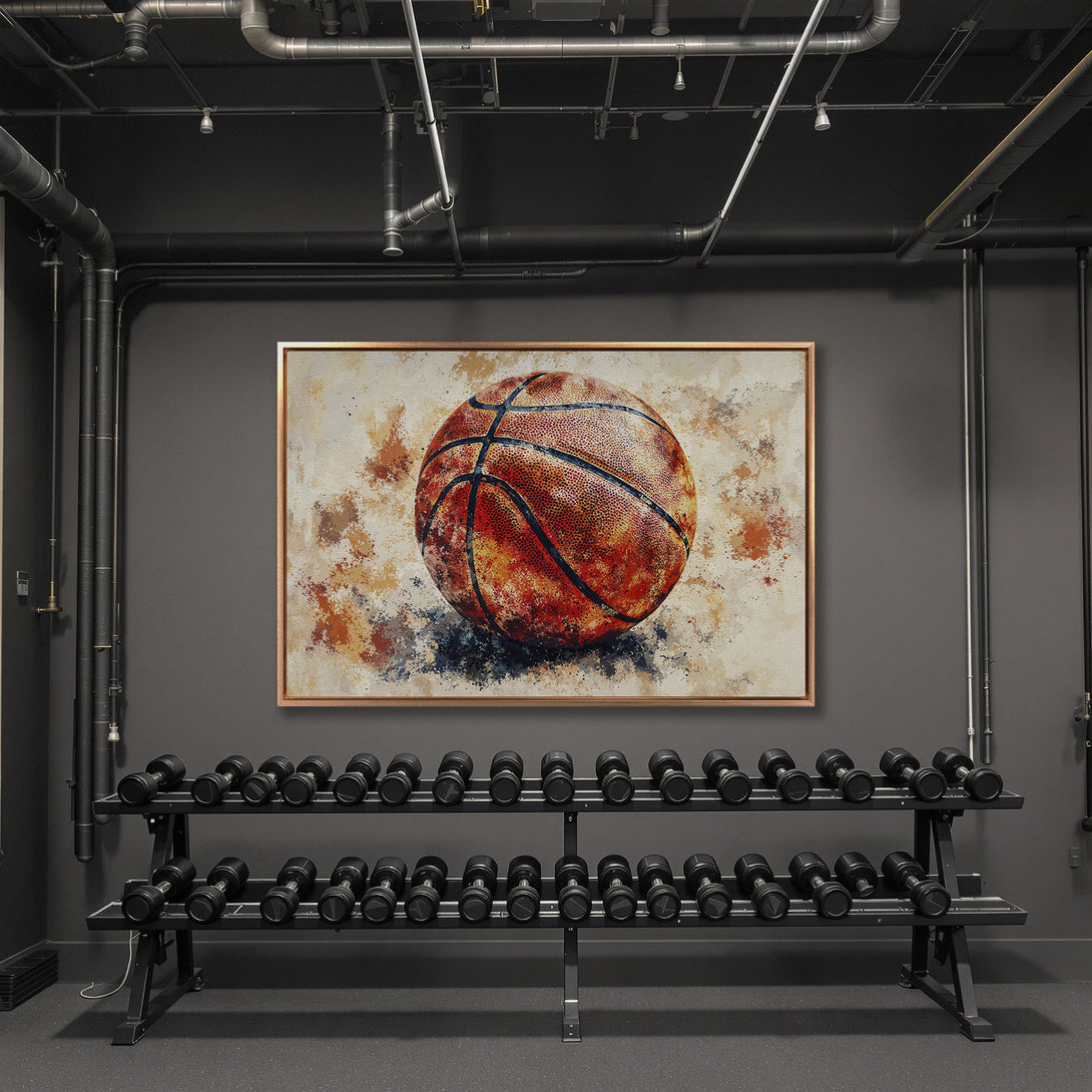 Framed Wall Art: Abstract basketball print in warm tones. Modern sports decor for your gym or home. Adds a pop of color!