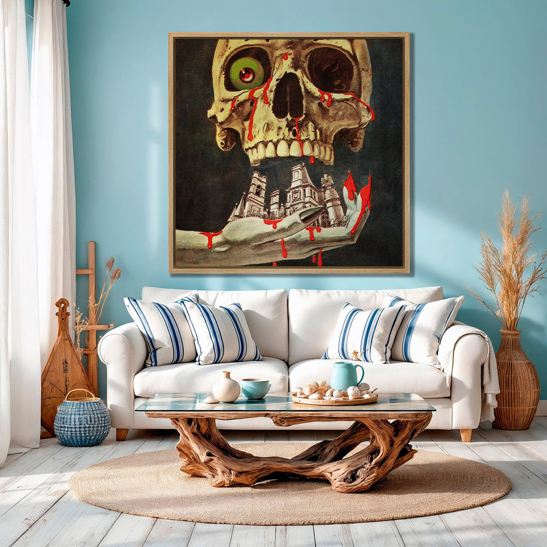 Framed Wall Art: Creepy skull art with a surreal, vintage style. Features a dark palette with pops of red, displayed in a modern living room with blue walls.