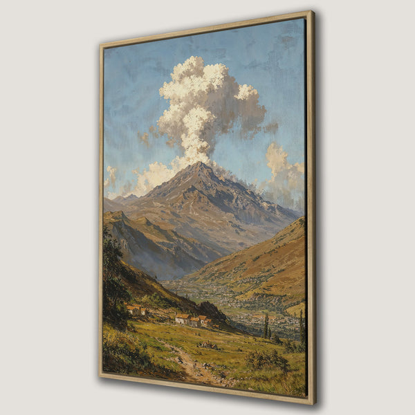 Framed Wall Art: Majestic mountain landscape canvas print in warm earth tones. Perfect for adding a touch of classic art to your home decor.