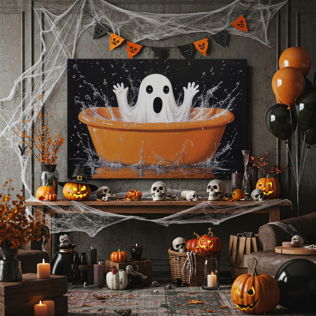 Framed Wall Art: Whimsical Halloween ghost in a tub. Playful, cartoon style with orange, black, and white color palette. Perfect spooky decor.